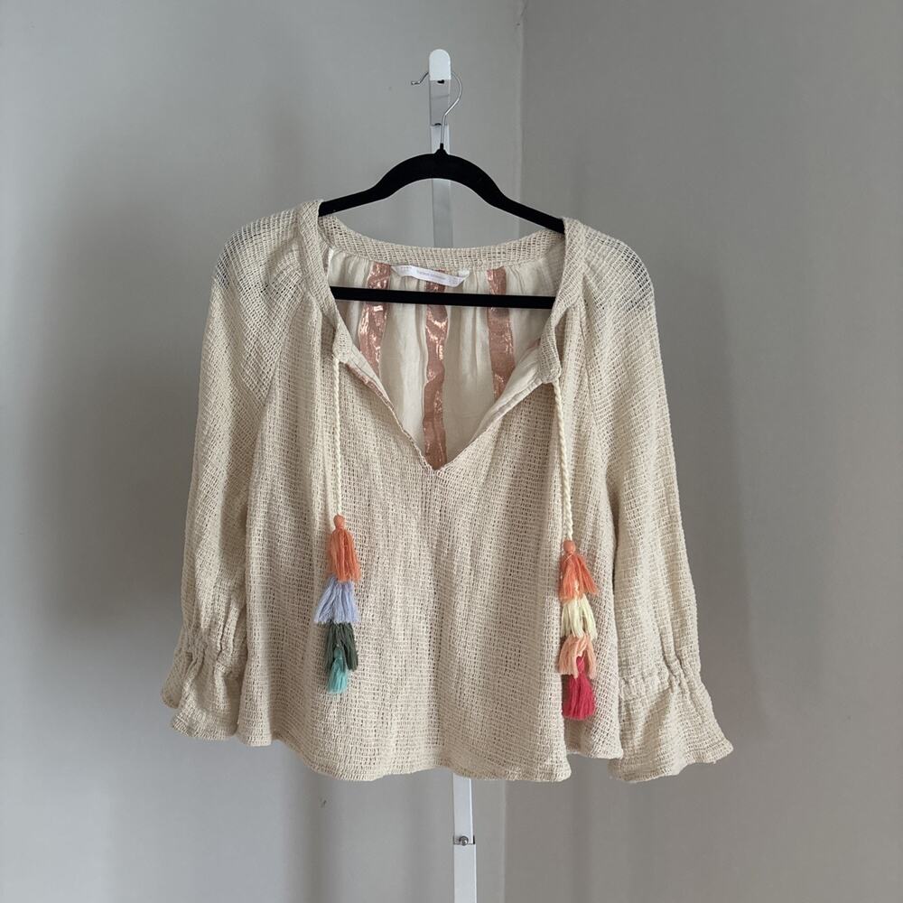 Zara Trafaluo Collection Beige Woven Cotton Peasant Boho Top Tassels Size XL